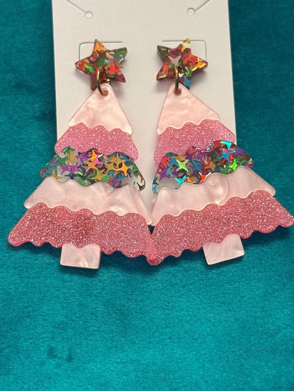 Pink Multicolor Glitter Acrylic Tiered Christmas Tree Earrings NEW
